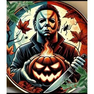 Michael Myers Halloween sign pumpkin knife fall leaves fire moon spooky wreath